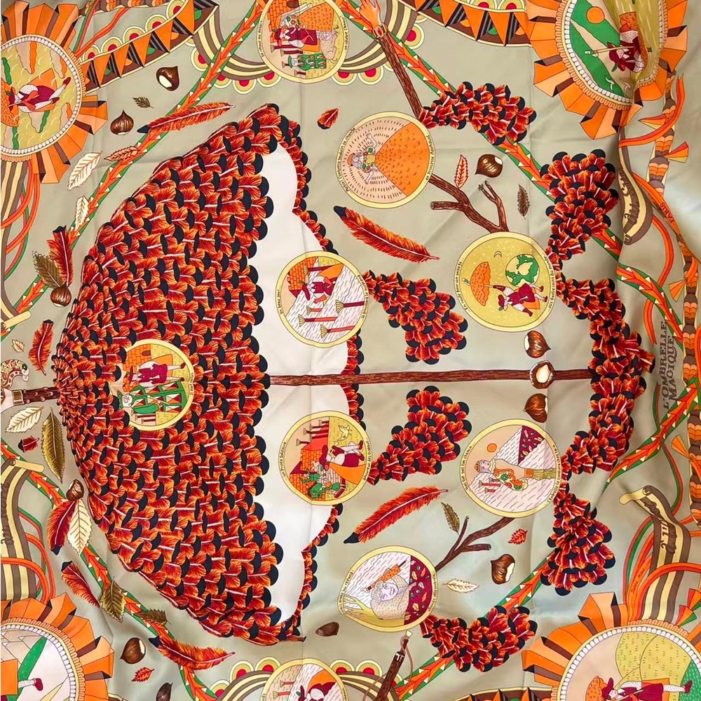 Hermes Lombrelle Magique 90cm silk scarf in Yellow